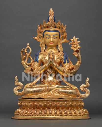 Front view of Four Armed Chenrezig statue handcrafted from copper with gold fire gilding and gold painted face