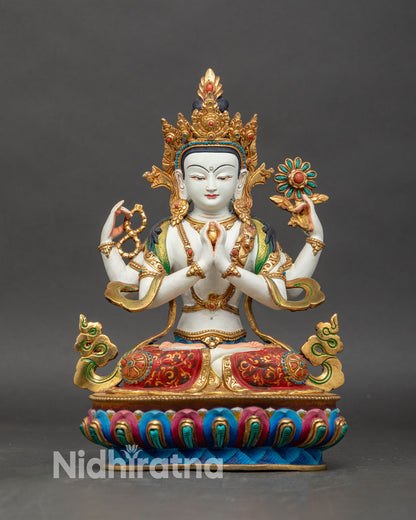 Front view of four armed Chenrezig Statue, handcrafted in Nepal