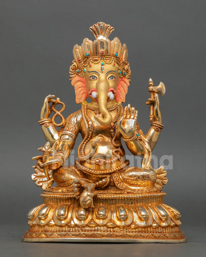 front view of ganesha statue with 24k gold fire gilding and lotus throne