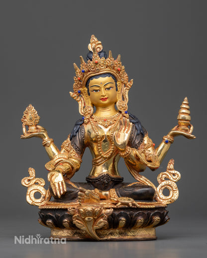 Front view of Goddess Laxmi Statue crafted from copper with oxidized detailing and gold-gilded accents