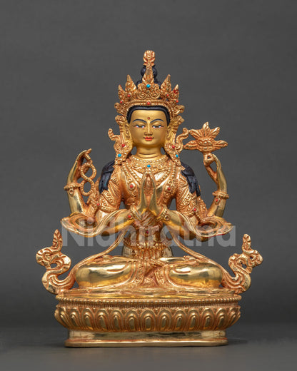 Front view of gold Chenrezig statue with four arms, seated on lotus base, Nepal Buddhist art