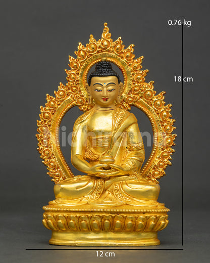 Front view of gold fire-gilded copper Amitabha Buddha statue with flame halo and lotus base