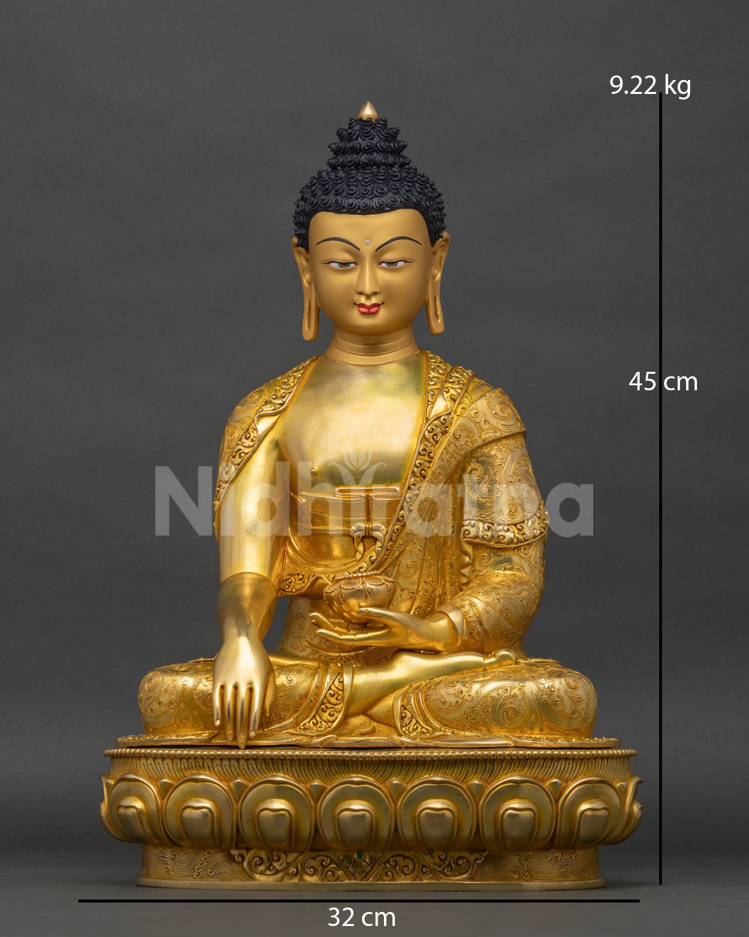 Front view of gold gilded copper Shakyamuni Buddha statue Cambodia for meditation altar
