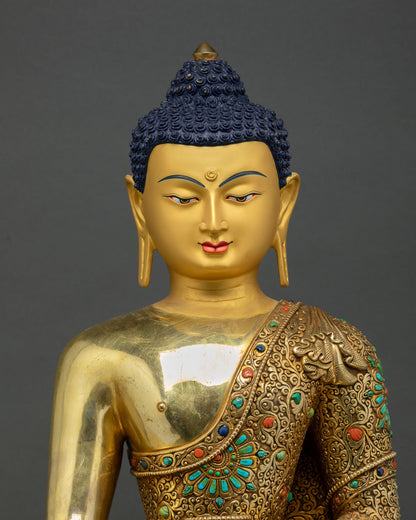 Front view of gold gilded Shakyamuni Buddha statue with gemstone inlaid robe