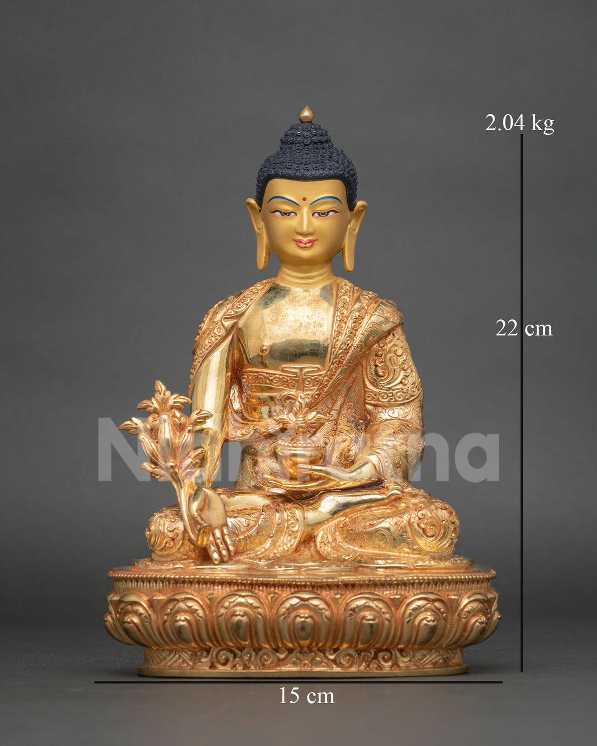 Front view of gold Medicine Buddha statue on lotus base with myrobalan stem and nectar bowl