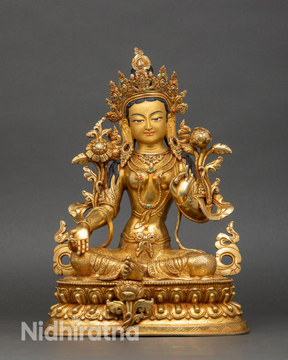 front view of green tara sgrol ljang statue handcrafted copper and gold buddhist art