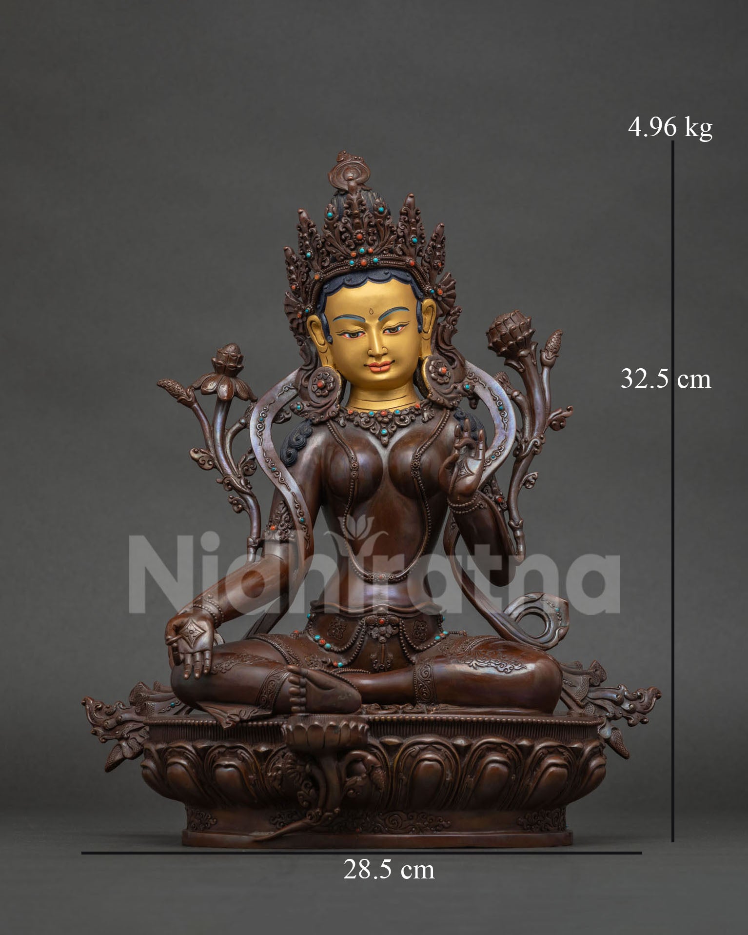 Front-view of Green Tara Statue handcrafted by Newari artisans in Nepal.