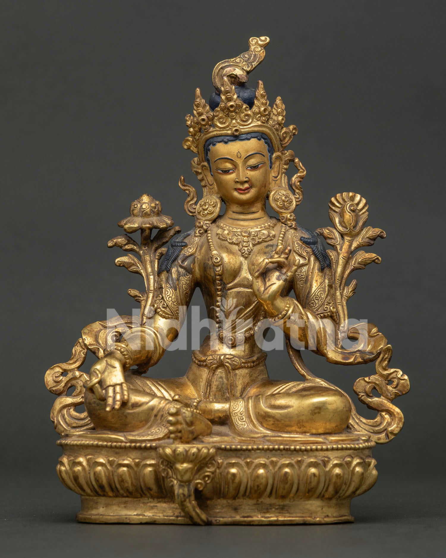 Front view of Green Tara statue handcrafted by Newari artisans in Patan, Nepal