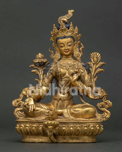 Front view of Green Tara statue handcrafted by Newari artisans in Patan, Nepal