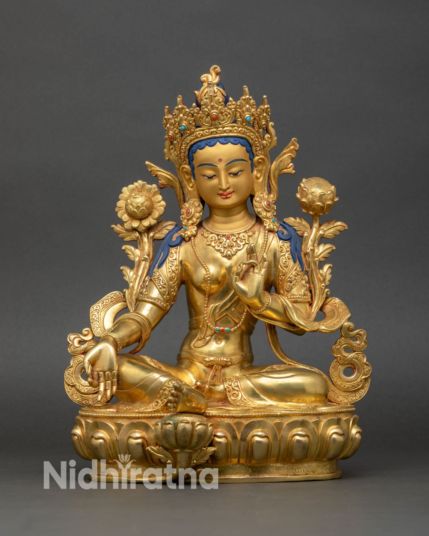front view of green tara statue, handcrafted copper with 24k gold fire-gilded lotus pedestal