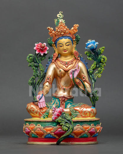 front view of green tara statue, handcrafted copper buddhist goddess sculpture from nepal