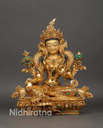 front view of green tara statue, handcrafted copper with gold fire-gilding and gemstone details