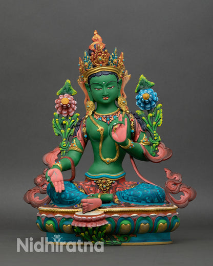 Front view of Green Tara statue handcrafted in Nepal, copper sculpture with hand painted acrylic colors