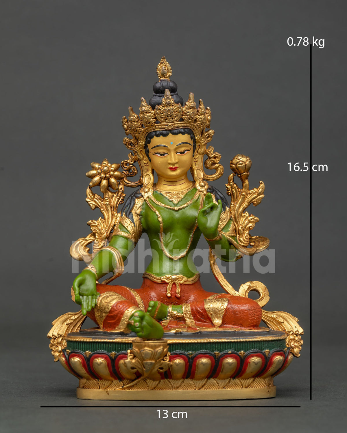 Front view of Green Tara statue handmade by Newari artists from Patan Nepal.