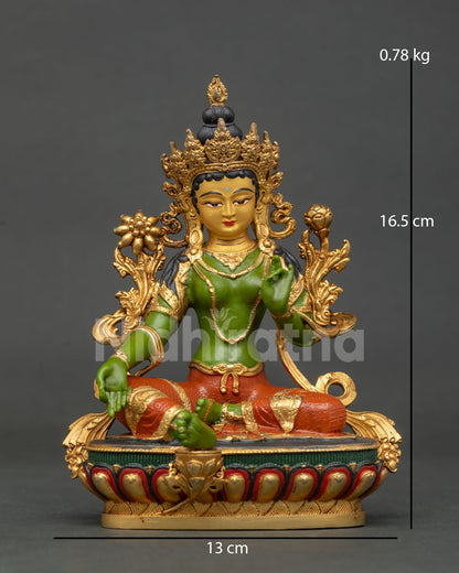 Front view of Green Tara statue handmade by Newari artists from Patan Nepal.