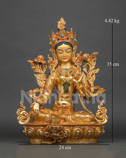 Front view of Green Tara Statue with 24K gold fire gilding and semi precious stones