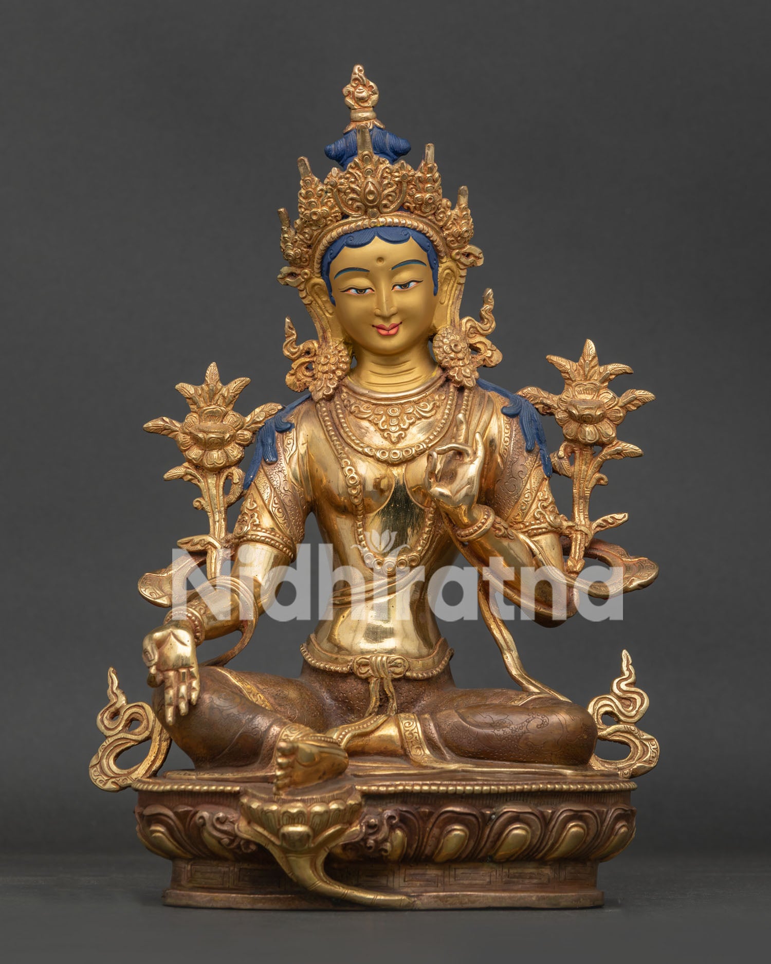 Front View of Green Tara Statue with Gold Gilding and Oxidized Copper Finish from Nepal