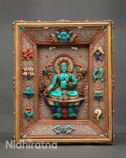 Front view of Green Tara wall hanging by Newari artisans from Patan with copper gold plated mandala semi precious stones and intricate filigree design
