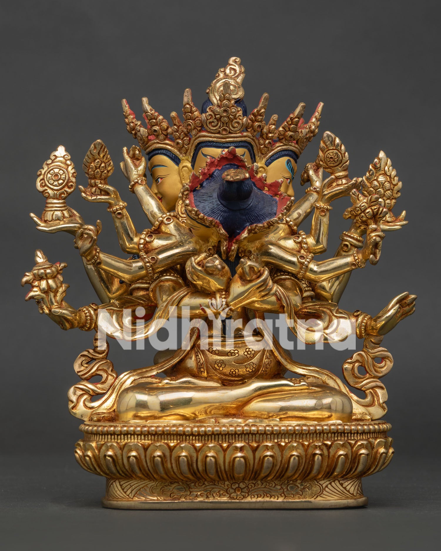 Front view of Guhyasamaja statue, handcrafted Nepalese Vajrayana Buddhist sculpture