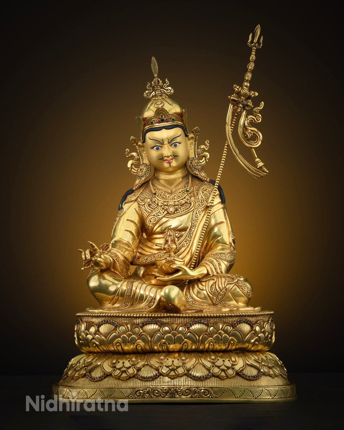 Front view of Guru Rinpoche Padmasambhava statue, 24K gold gilded Vajrayana Buddhist sculpture from Nepal