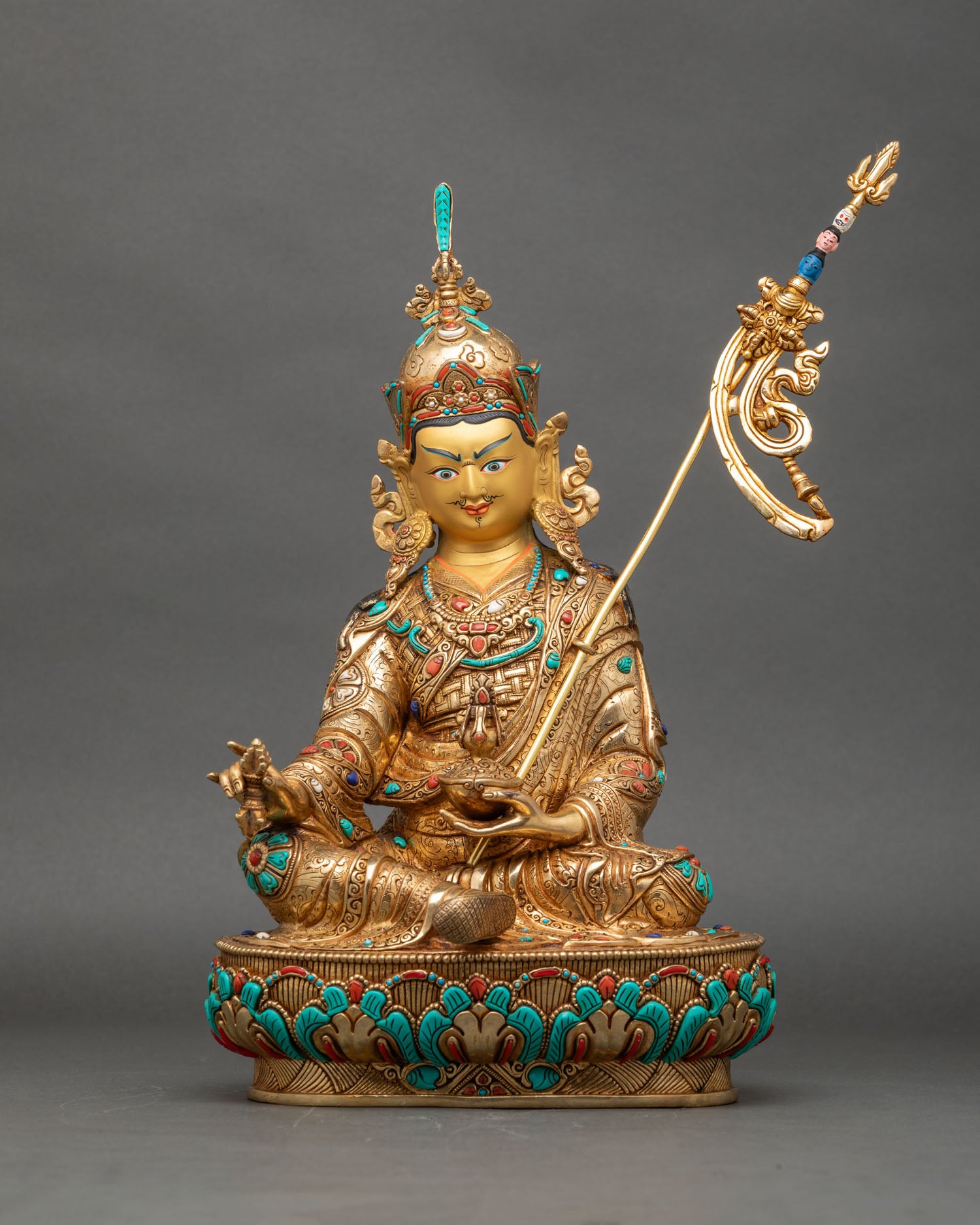 Front view of Guru Rinpoche statue, gold fire-gilded Nepalese Padmasambhava sculpture