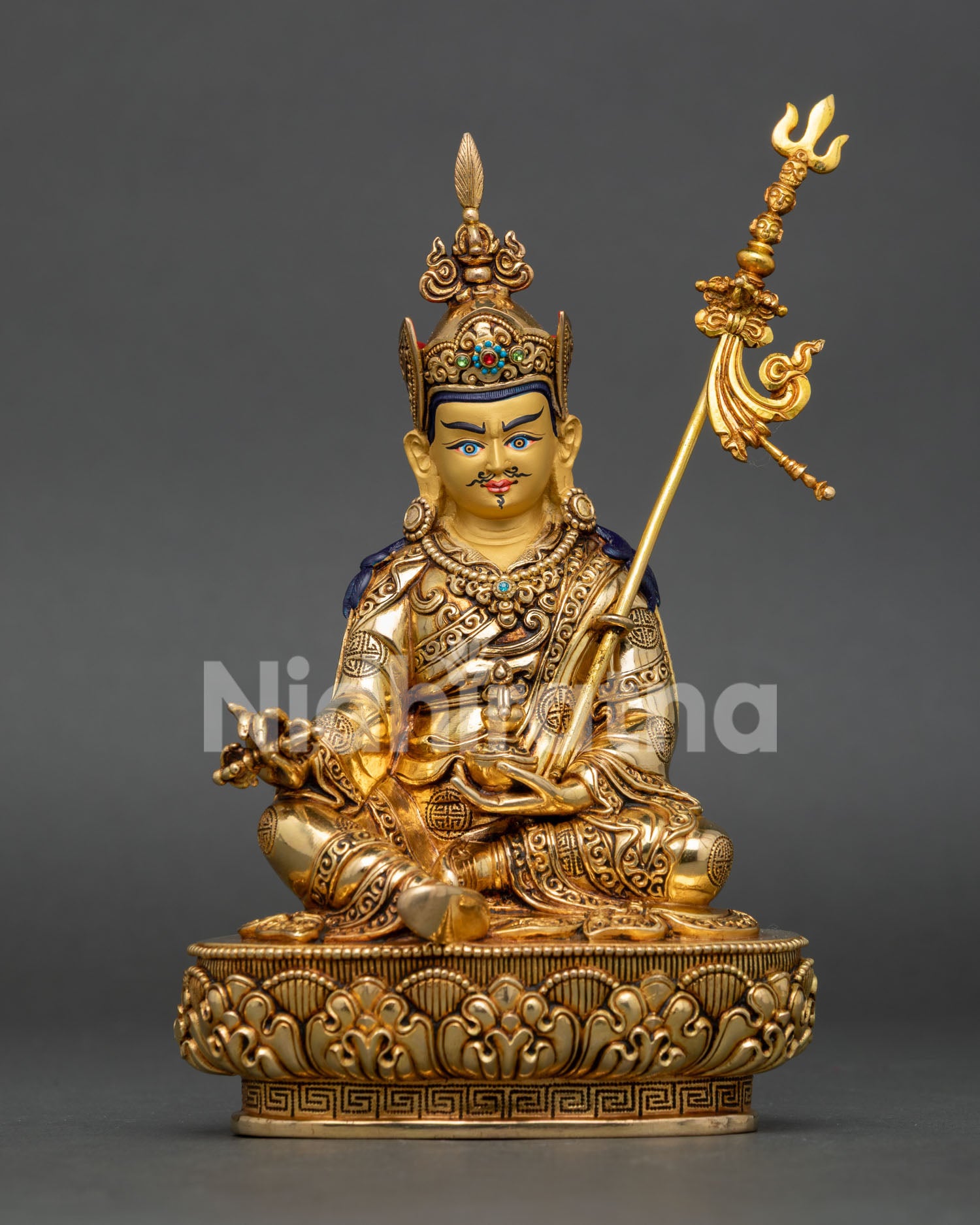 Front view of Guru Rinpoche Statue handcrafted in Nepal with 24K gold gilding, gold-painted face, and sacred Buddhist details.