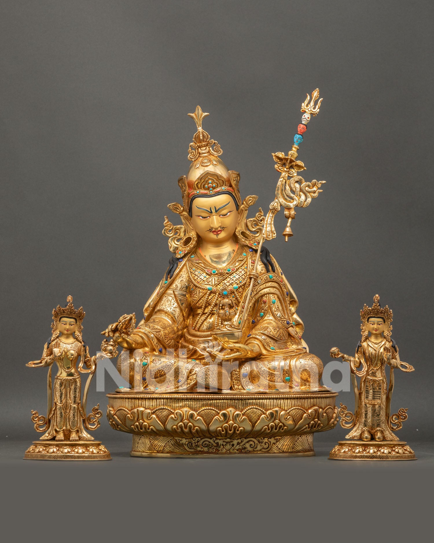 Front View of Guru Rinpoche Trio Statue with Padmasambhava Mandarava and Yeshe Tsogyal in 24K Gold Gilded Copper