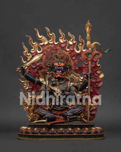 Four-Armed Mahakala Statue Front View, Gold-Gilded Copper Tibetan Guardian Sculpture