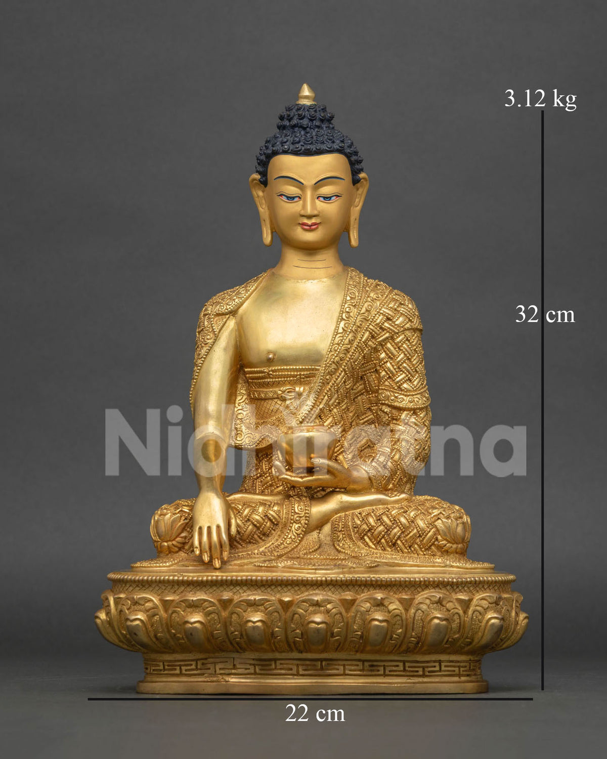 Front view of hand-carved Shakyamuni Buddha statue in Earth-Touching Mudra, fire-gilded copper