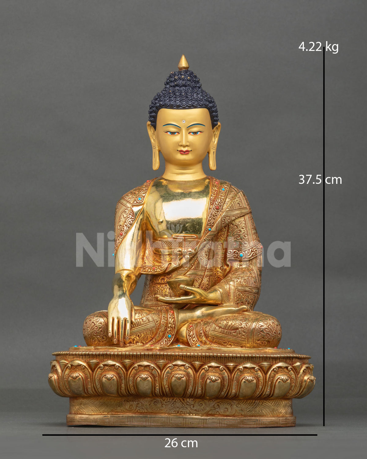Front view of handcrafted 24K gold Shakyamuni Buddha meditation statue seated on a lotus base.