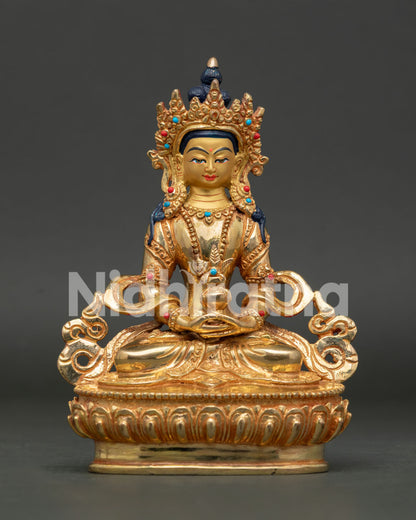 Front View of Handcrafted Amitayus Statue in Gold Gilded Copper with Semi Precious Stones