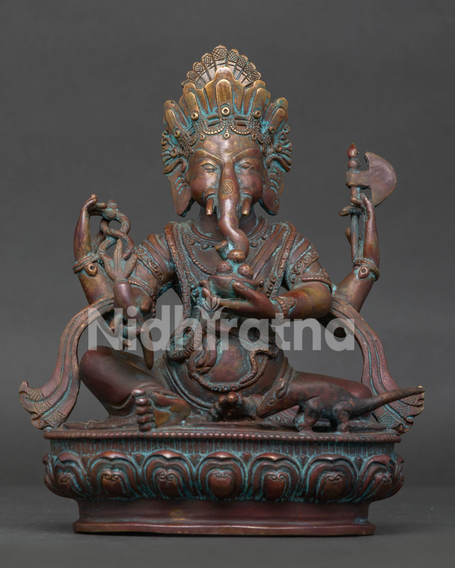 Front view of handcrafted antique finish Ganesh statue from Patan, Nepal