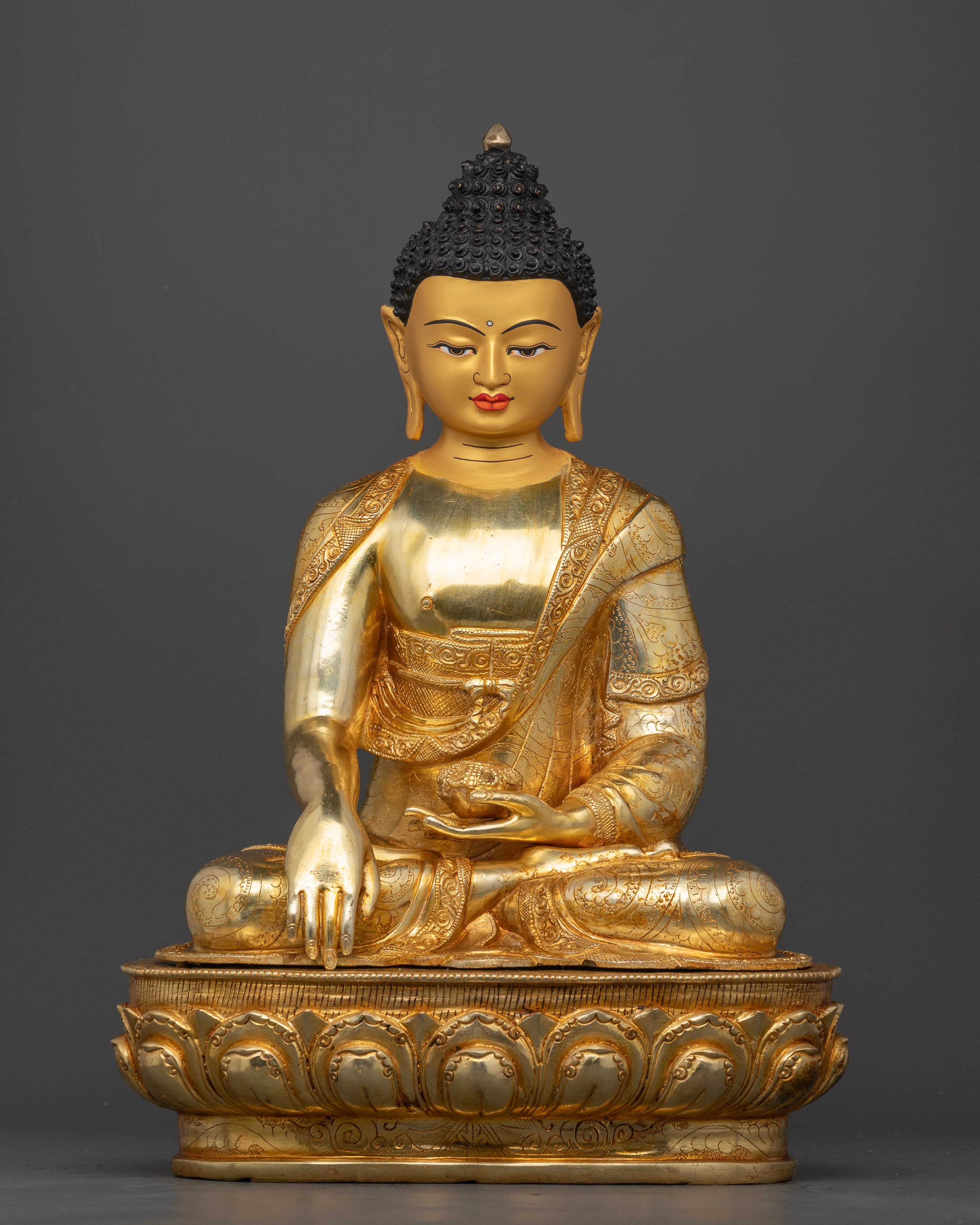 Front View of Handcrafted Buddha Shakyamuni Statue with 24K Gold Fire Gilding
