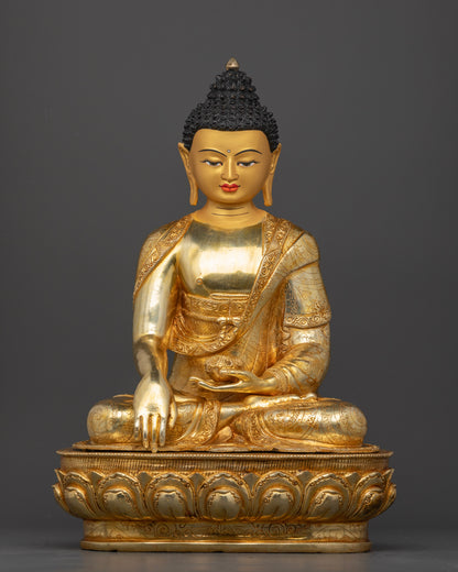 Front View of Handcrafted Buddha Shakyamuni Statue with 24K Gold Fire Gilding