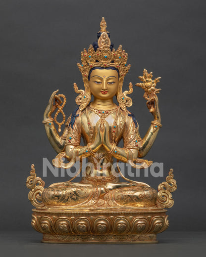 Front View of Handcrafted Chenrezig statue with gold gilded copper body and semi precious stones