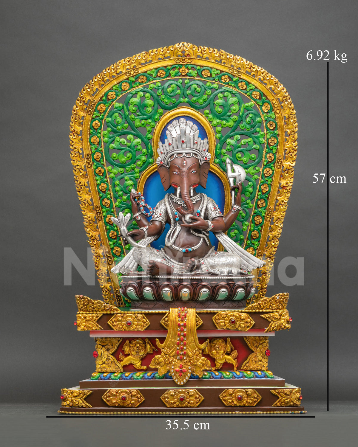 Front view of handcrafted copper Ganesha statue on vibrant gold-gilded lion throne from Nepal