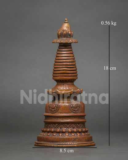 Front view of handcrafted copper Kadampa Stupa with oxidized finish from Patan, Nepal