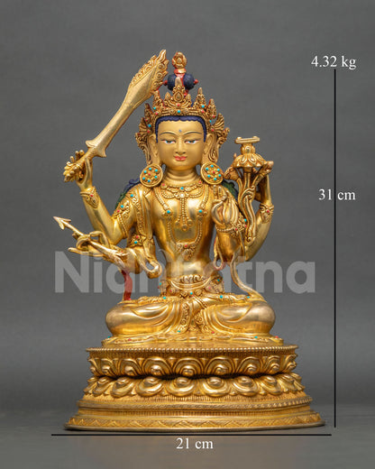 Front view of handcrafted four-armed Maha Manjushri copper statue with 24K gold fire-gilding from Nepal