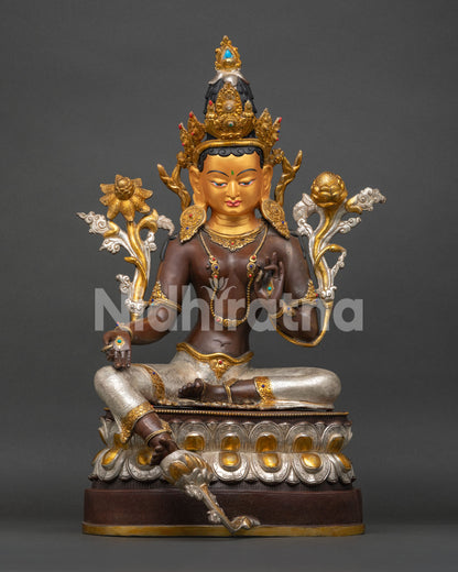 Front view of handcrafted Green Tara statue in oxidized copper with gold gilded finish