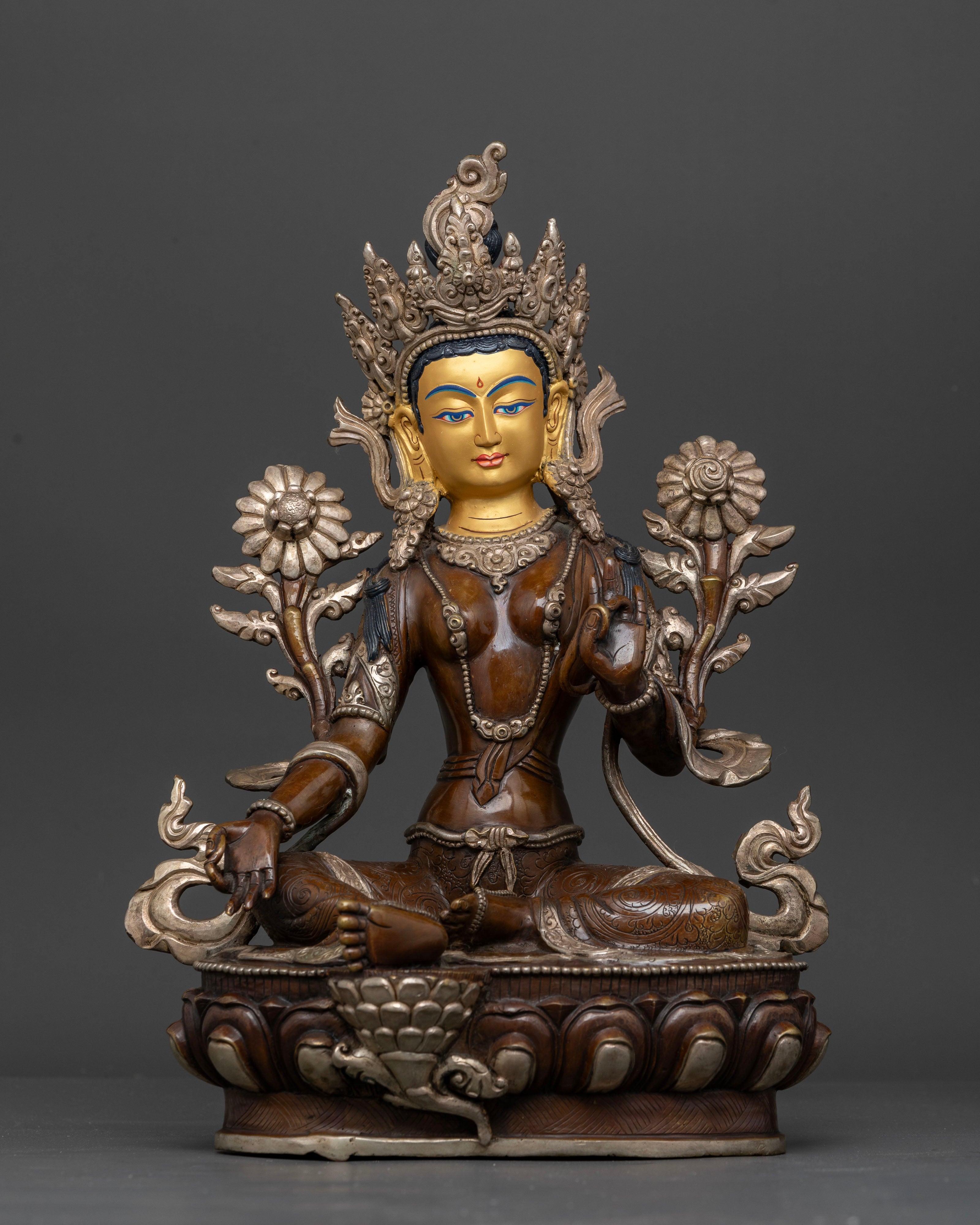 Front view of handcrafted Green Tara statue in oxidized silver plated copper from Nepal