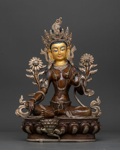 Front view of handcrafted Green Tara statue in oxidized silver plated copper from Nepal