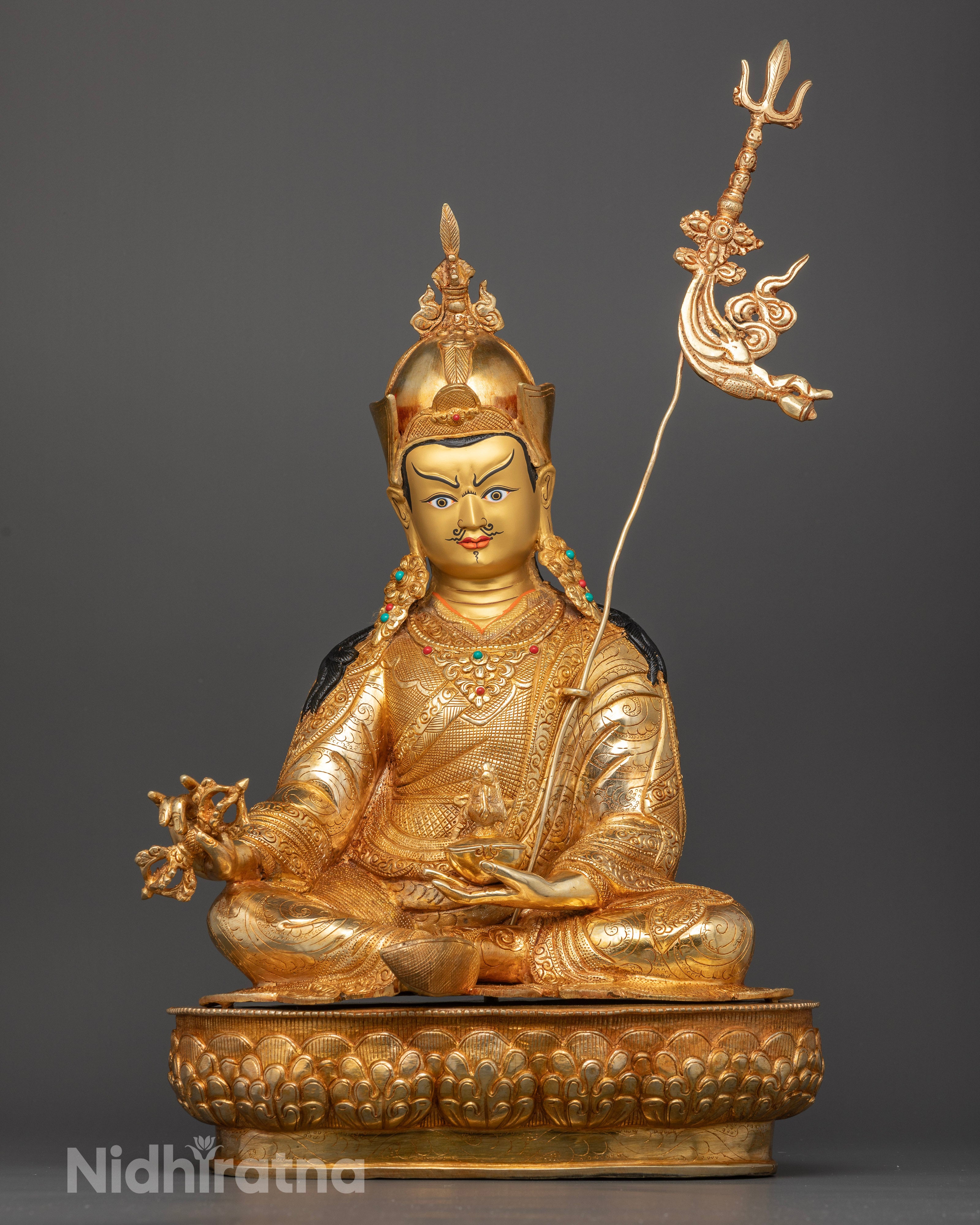 Front View of Handcrafted Guru Padmasambhava Statue with 24K Gold Gilding and Floral Carvings