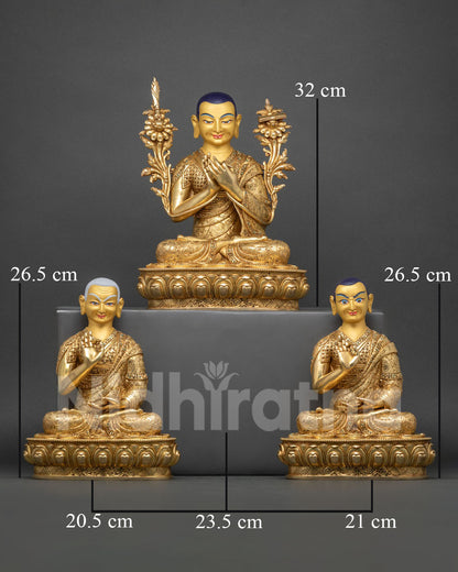 Front view of handcrafted Je Tsongkhapa statue set with two disciples, 24K gold-gilded copper from Nepal