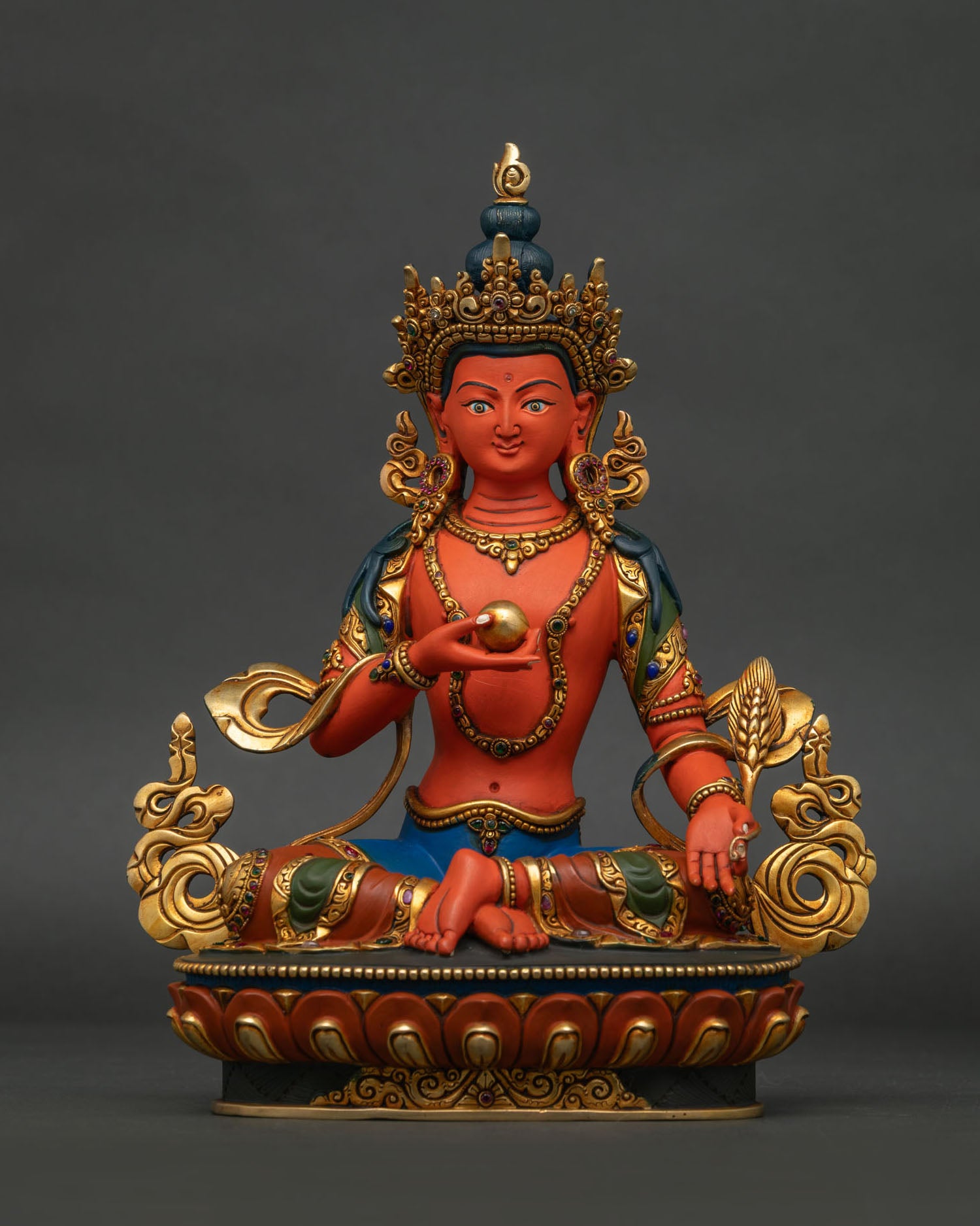 Front View of Handcrafted Kshitigarbha Statue with Gold Gilding and Semi Precious Stones