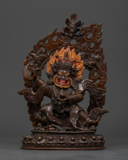 Front view of handcrafted Mahakala Bernagchen statue in oxidized copper from Nepal