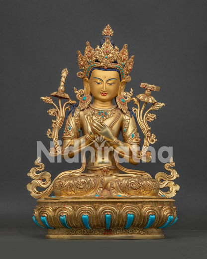 Front View of Handcrafted Manjushri Statue in Gold Fire Gilded Copper with Semi Precious Stones from Nepal