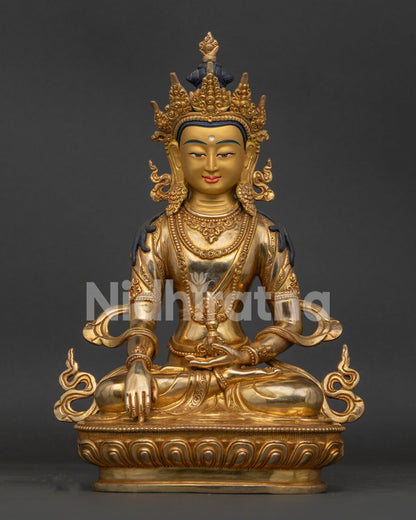 Front View of Handcrafted Mitrugpa Statue in Copper with Gold Painted Face from Nepal