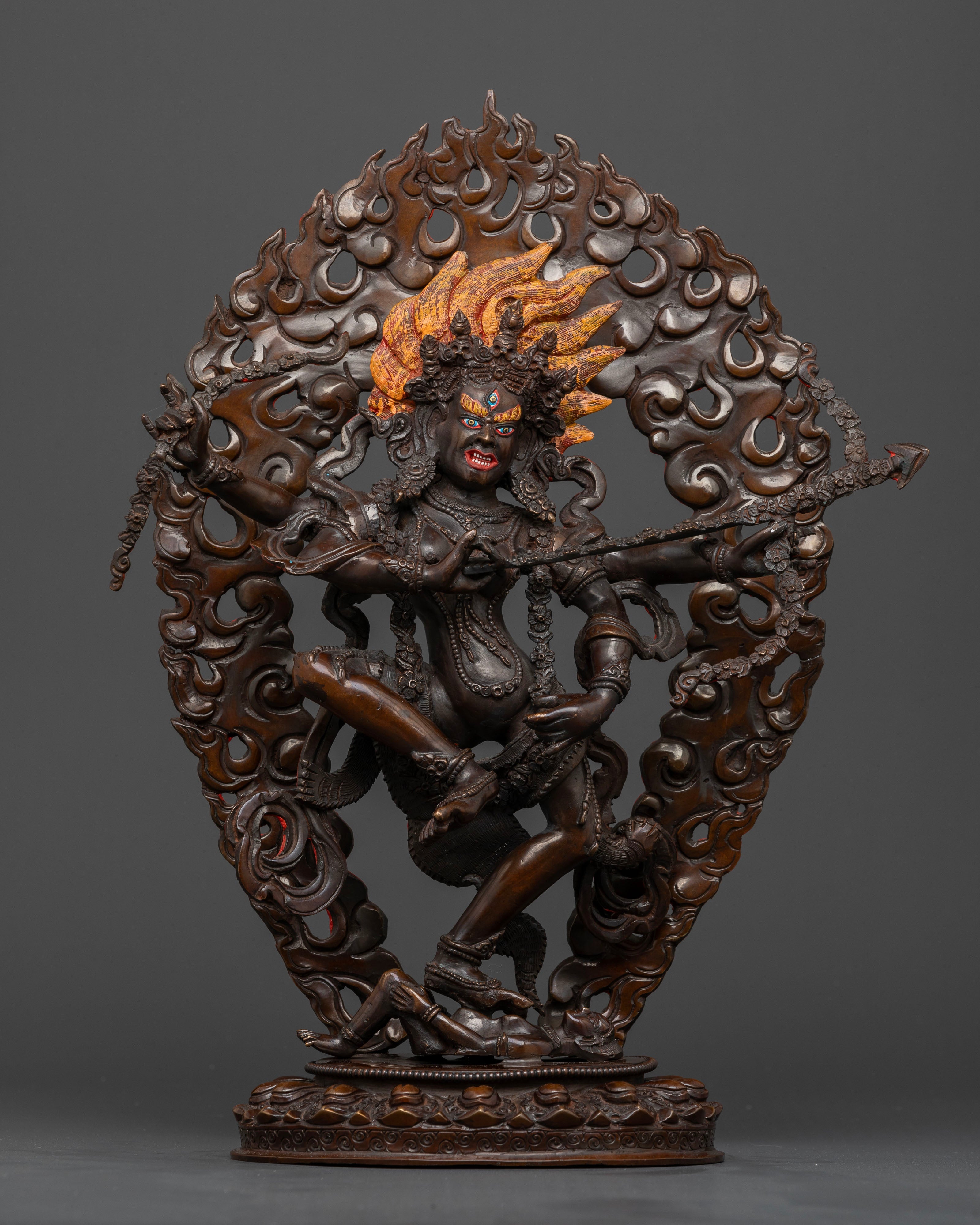 Front view of handcrafted Oxidized Kurukulla Statue with flaming halo and lotus base