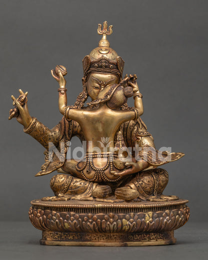 Front view of handcrafted pure copper Guru Rinpoche With Consort statue from Nepal