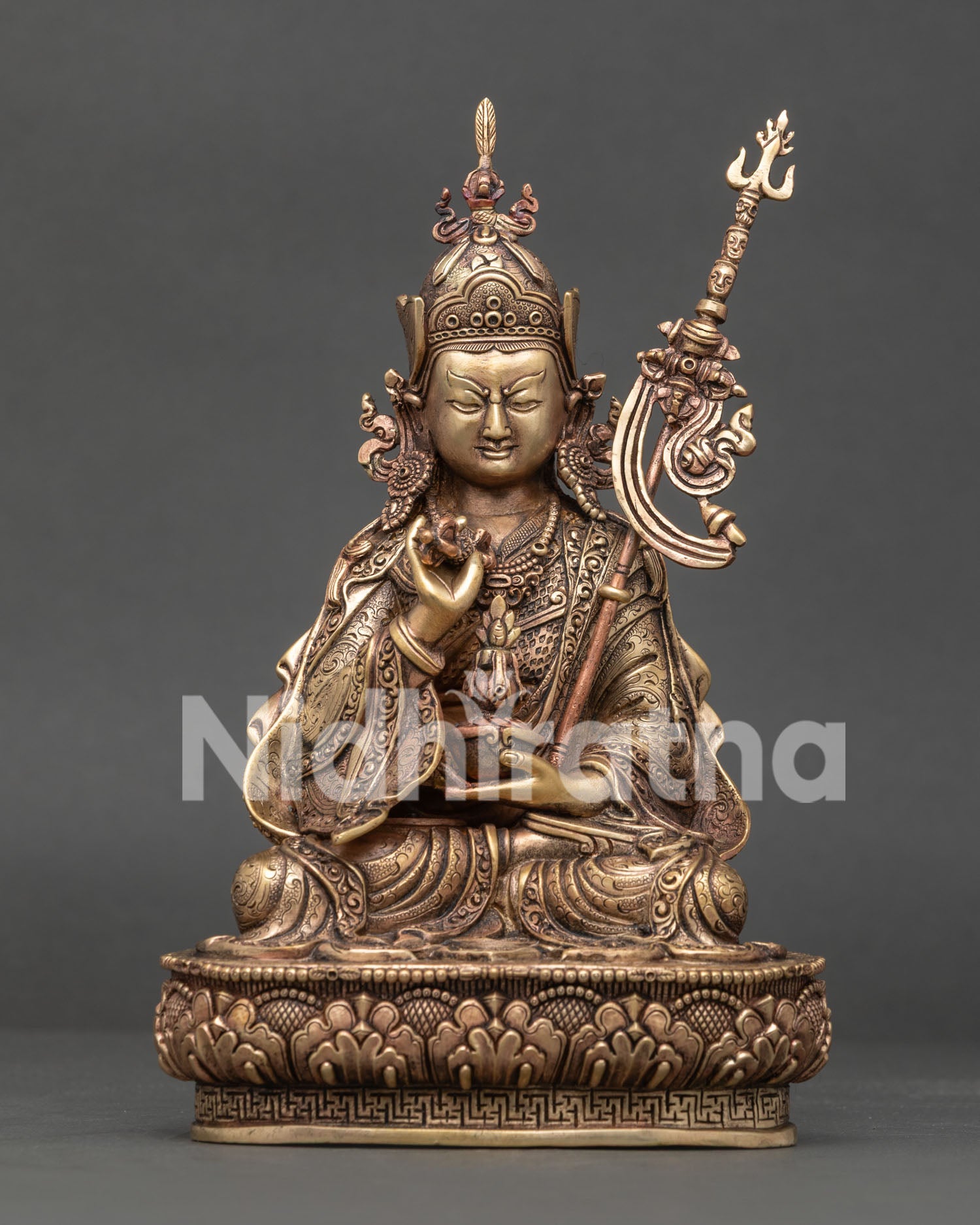 Front view of handcrafted pure copper Guru Tsokye Dorje statue from Nepal